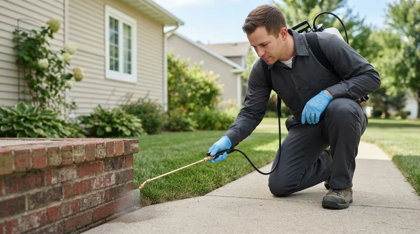 Pest control technician treating a home near Lawrence, NE